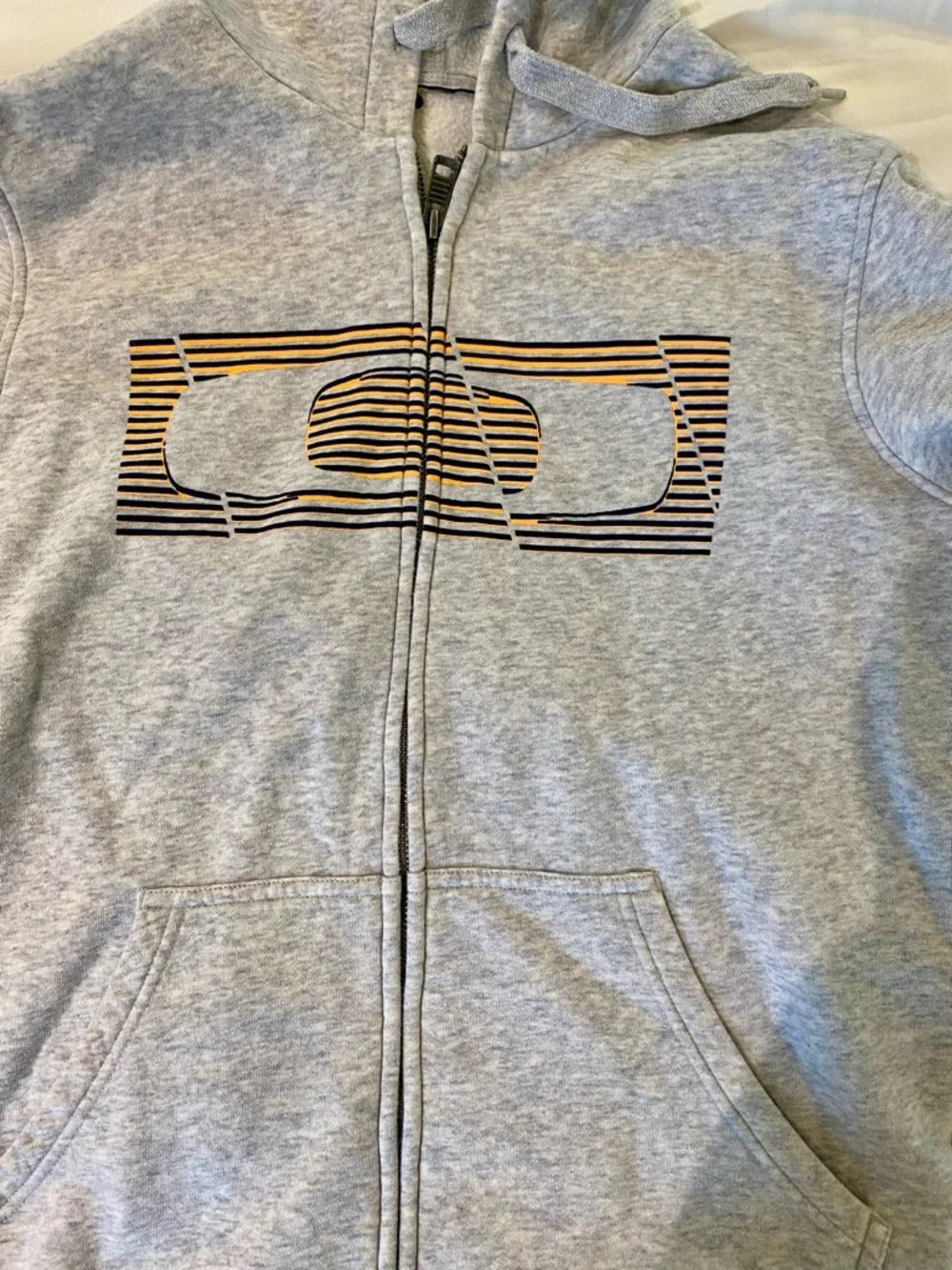 Oakley Gray Men's Full-Zip Hooded Sweater with Striped Logo Graphic